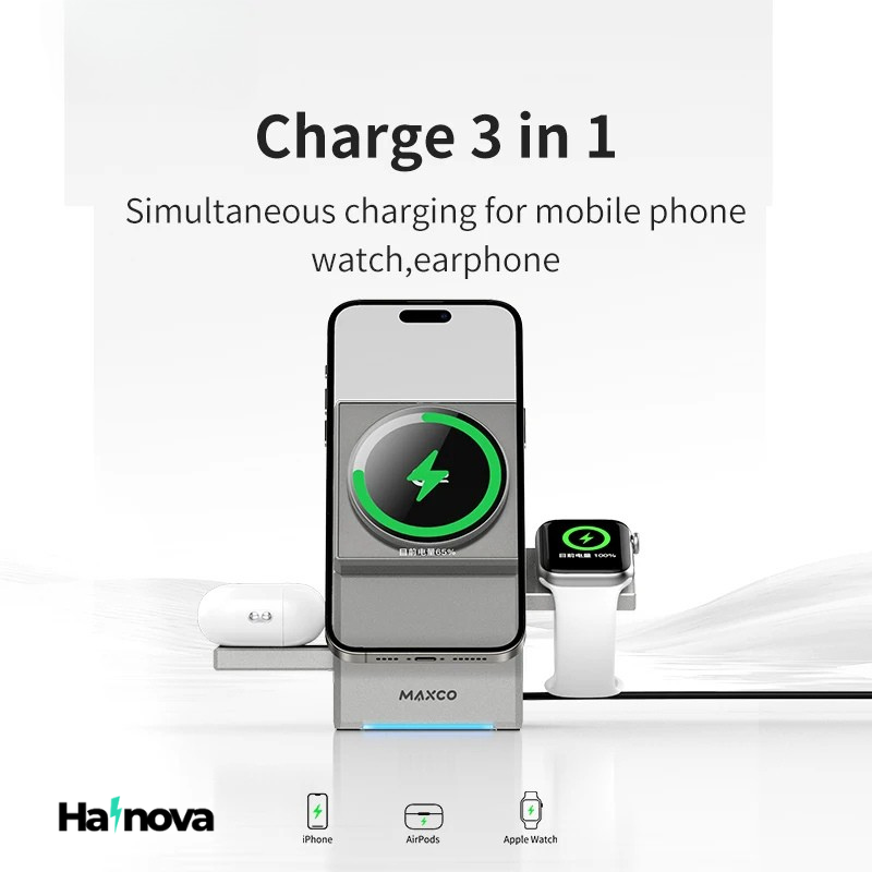 HaiNova | Qi2 Certified 3-in-1 MagSafe Wireless Charging Dock – Auto-Rotating Fast Charger for iPhone, Apple Watch & AirPods