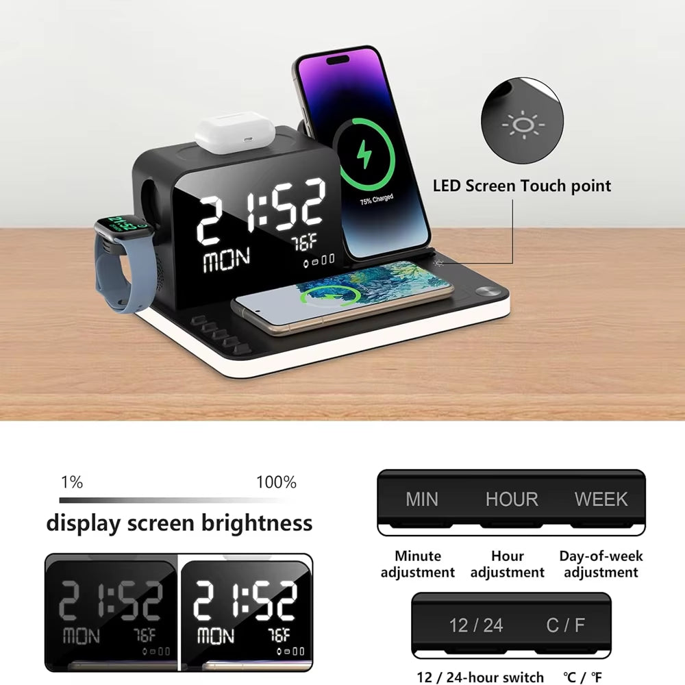 Newest 7 in 1 Wireless Charging Station with Dual Iphone Fast Charger Support Bluetooth/Timesync 30W Fast Adapter for Airpods